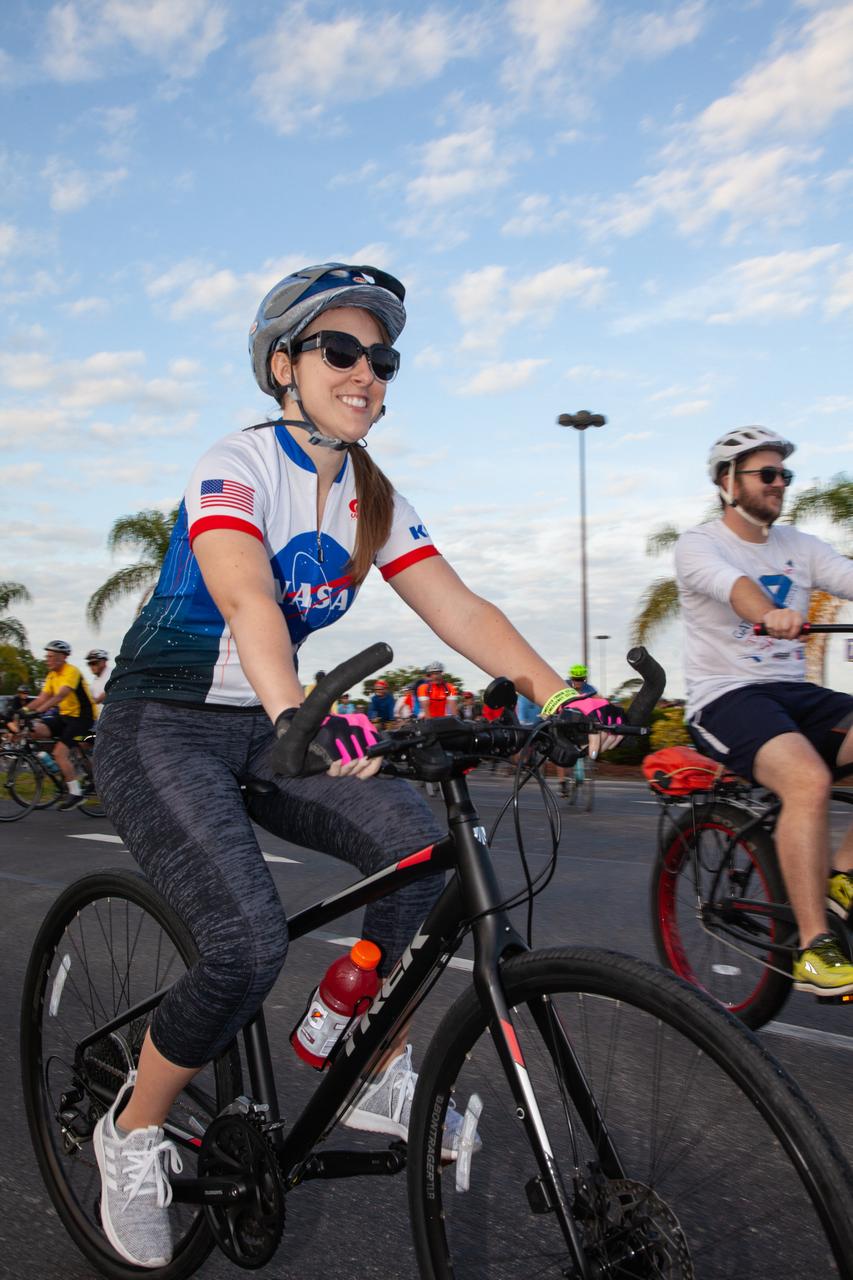 Cyclists take off from the Kennedy Space Center Visitor Complex at the start of the center’s annual Tour de KSC. The bicycle tour took place March 30, giving Kennedy employees and guests the opportunity to choose from three different routes that ranged from seven to 33 miles along some of the Florida spaceport’s most notable facilities such as the Vehicle Assembly Building, the Shuttle Landing Facility and historic Launch Pad 39A, among others. 
