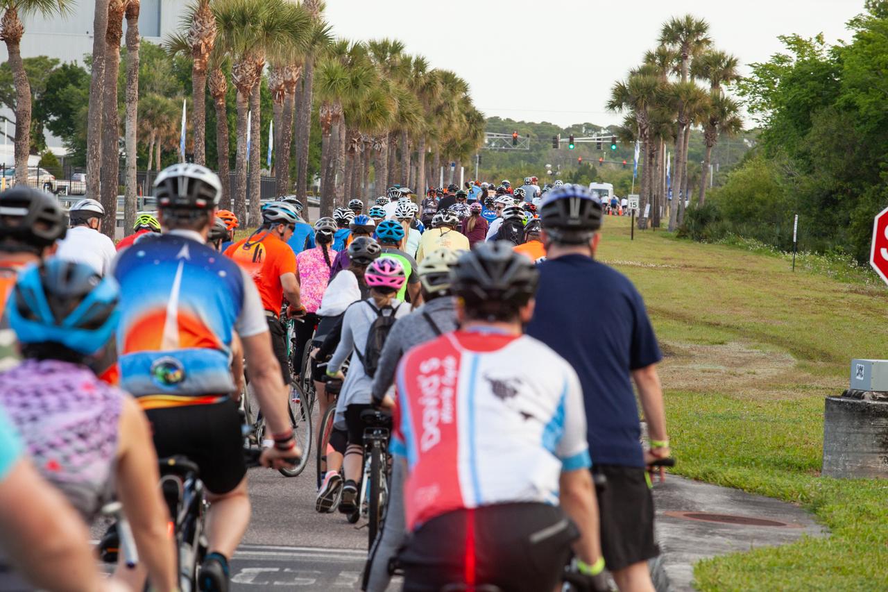 Cyclists take off from the Kennedy Space Center Visitor Complex at the start of the center’s annual Tour de KSC. The bicycle tour took place March 30, giving Kennedy employees and guests the opportunity to choose from three different routes that ranged from seven to 33 miles along some of the Florida spaceport’s most notable facilities such as the Vehicle Assembly Building, the Shuttle Landing Facility and historic Launch Pad 39A, among others. 