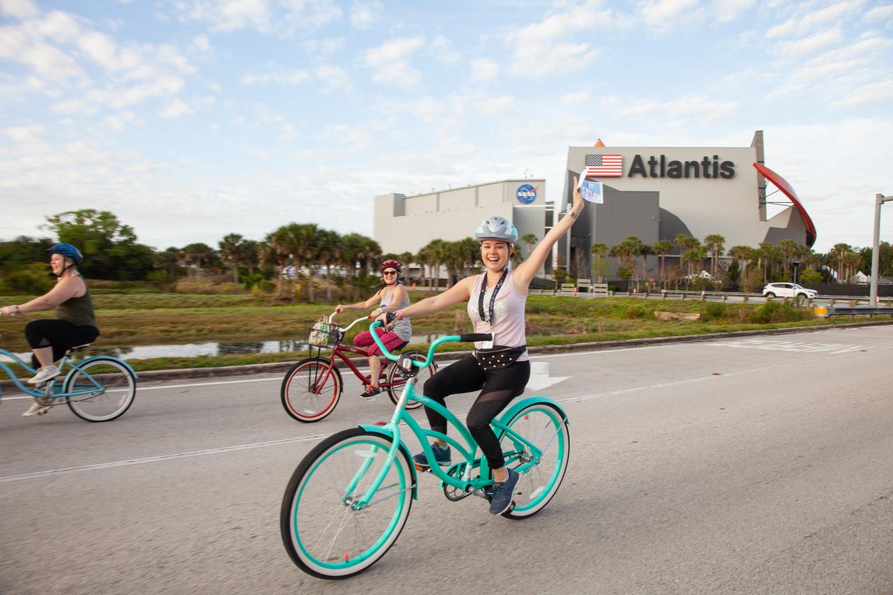 Cyclists ride away from the Kennedy Space Center Visitor Complex, the starting point of the center’s annual Tour de KSC. The bicycle tour took place March 30, giving Kennedy employees and guests the opportunity to choose from three different routes that ranged from seven to 33 miles along some of the Florida spaceport’s most notable facilities such as the Vehicle Assembly Building, the Shuttle Landing Facility and historic Launch Pad 39A, among others. 