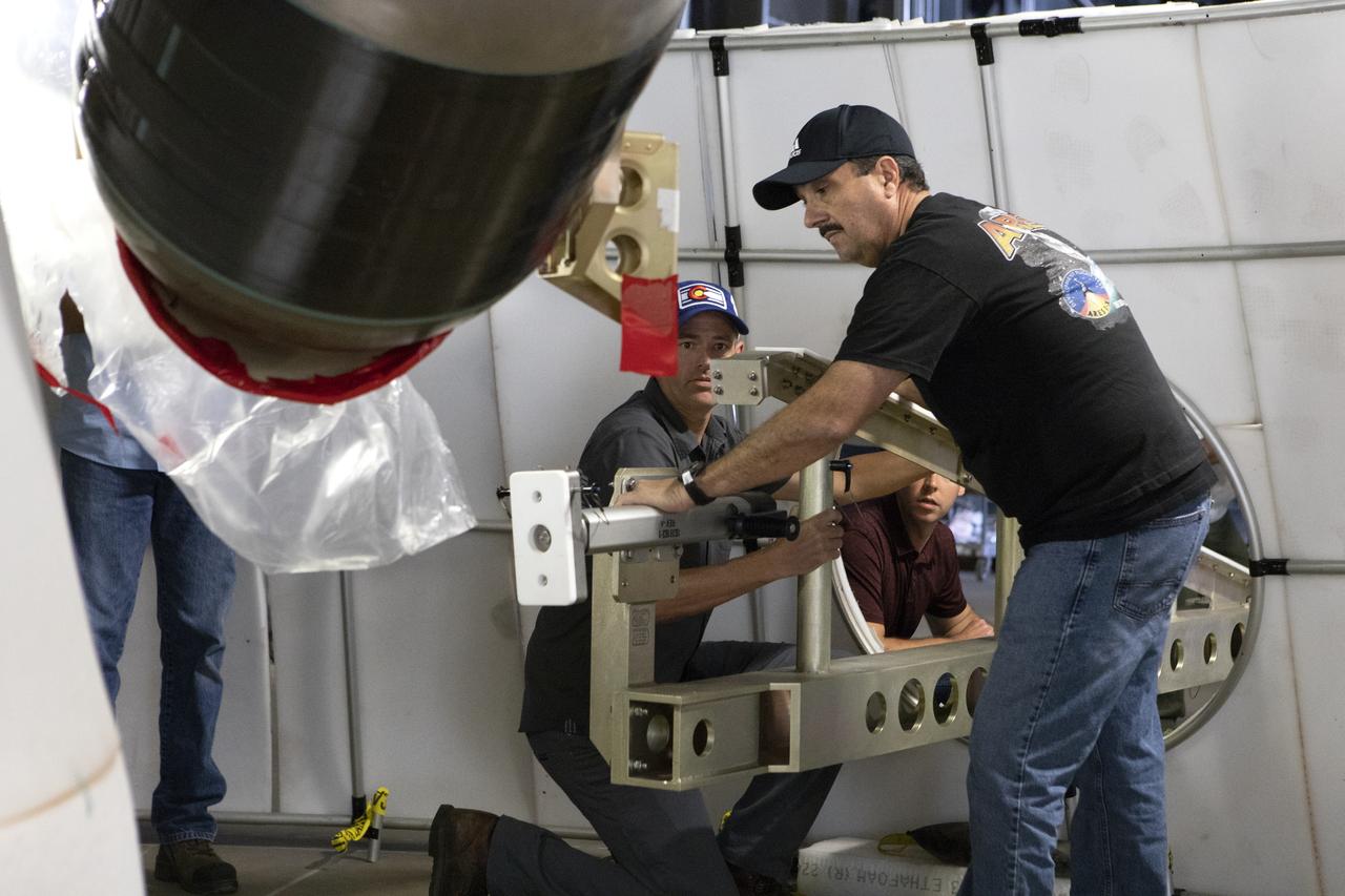A Space Launch System (SLS) avionics handling tool demonstration takes place inside Kennedy Space Center’s Vehicle Assembly Building on April 4, 2019. The demonstration showed that avionics boxes could be successfully and safely mounted into the SLS rocket’s upper stage — called the Interim Cryogenic Propulsion Stage, or ICPS — with low risk of damaging a closely located hydrazine tank. Avionics boxes include the Inertial Navigation and Control Assembly and flight batteries. The actual installation will take place just weeks before NASA’s SLS rocket and uncrewed Orion spacecraft lift off on Exploration Mission-1 from Launch Pad 39B at Kennedy.