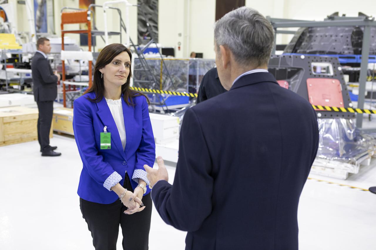Kennedy Space Center Director Bob Cabana gives Florida Lt. Governor Jeanette Nunez a tour of the Florida spaceport’s Neil Armstrong Operations and Checkout Building high bay on April 5, 2019. During her tour, Nunez was shown NASA’s Orion spacecraft, which will be flown on the agency’s Exploration Mission-1 (EM-1). Orion will launch atop the Space Launch System rocket from Kennedy’s Launch Complex 39B. This uncrewed mission will provide the foundation for human deep space exploration and pave the way for the crewed EM-2 mission.
