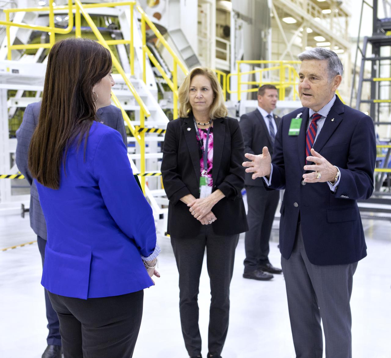 Kennedy Space Center Director Bob Cabana gives Florida Lt. Governor Jeanette Nunez (left) a tour of the Florida spaceport’s Neil Armstrong Operations and Checkout Building high bay on April 5, 2019. Also in attendance was Kennedy Deputy Director Janet Petro (center). During her tour, Nunez was shown NASA’s Orion spacecraft, which will be flown on the agency’s Exploration Mission-1 (EM-1). Orion will launch atop the Space Launch System rocket from Kennedy’s Launch Complex 39B. This uncrewed mission will provide the foundation for human deep space exploration and pave the way for the crewed EM-2 mission.