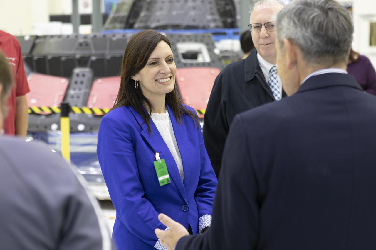 Kennedy Space Center Director Bob Cabana gives Florida Lt. Governor Jeanette Nunez a tour of the Florida spaceport’s Neil Armstrong Operations and Checkout Building high bay on April 5, 2019. During her tour, Nunez was shown NASA’s Orion spacecraft, which will be flown on the agency’s Exploration Mission-1 (EM-1). Orion will launch atop the Space Launch System rocket from Kennedy’s Launch Complex 39B. This uncrewed mission will provide the foundation for human deep space exploration and pave the way for the crewed EM-2 mission.