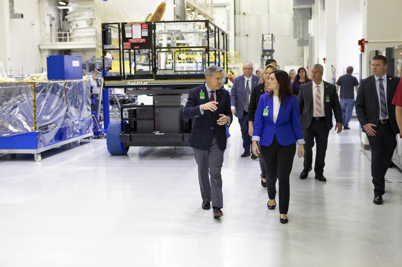 Kennedy Space Center Director Bob Cabana gives Florida Lt. Governor Jeanette Nunez a tour of the Florida spaceport’s Neil Armstrong Operations and Checkout Building high bay on April 5, 2019. During her tour, Nunez was shown NASA’s Orion spacecraft, which will be flown on the agency’s Exploration Mission-1 (EM-1). Orion will launch atop the Space Launch System rocket from Kennedy’s Launch Complex 39B. This uncrewed mission will provide the foundation for human deep space exploration and pave the way for the crewed EM-2 mission.