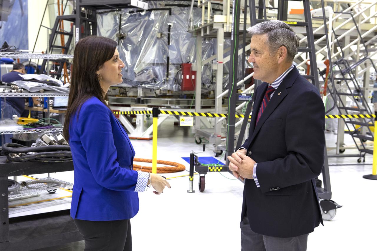 Florida Lt. Governor Jeanette Nunez is given a tour of the Neil Armstrong Operations and Checkout (O&C) Building high bay by Kennedy Space Center Director Bob Cabana on April 5, 2019. During the tour, Nunez was shown NASA’s Orion spacecraft, which will be flown on the agency’s Exploration Mission-1 (EM-1). Orion will launch atop the Space Launch System rocket from Kennedy’s Launch Complex 39B. This uncrewed mission will provide the foundation for human deep space exploration and pave the way for the crewed EM-2 mission.