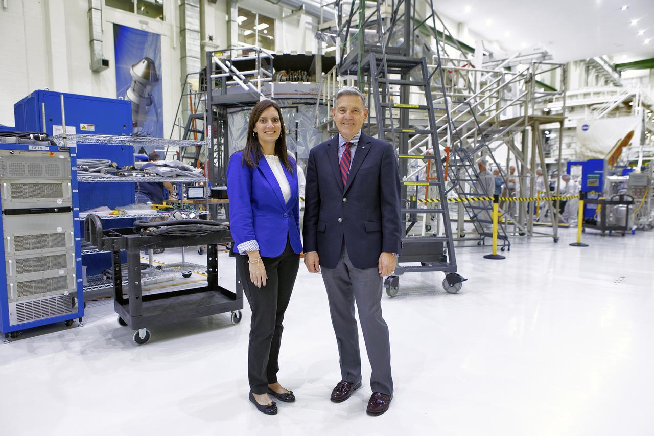 Florida Lt. Governor Jeanette Nunez and Kennedy Space Center Director Bob Cabana are photographed inside the Florida spaceport’s Neil Armstrong Operations and Checkout (O&C) Building high bay on April 5, 2019. During her tour of the O&C, Nunez was shown NASA’s Orion spacecraft, which will be flown on the agency’s Exploration Mission-1 (EM-1). Orion will launch atop the Space Launch System rocket from Kennedy’s Launch Complex 39B. This uncrewed mission will provide the foundation for human deep space exploration and pave the way for the crewed EM-2 mission.