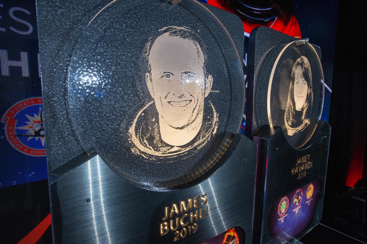 Veteran NASA astronauts James Buchli and Janet Kavandi were inducted into the U.S. Astronaut Hall of Fame in a public ceremony at Kennedy Space Center Visitor Complex in the Space Shuttle Atlantis attraction on April 6, 2019.