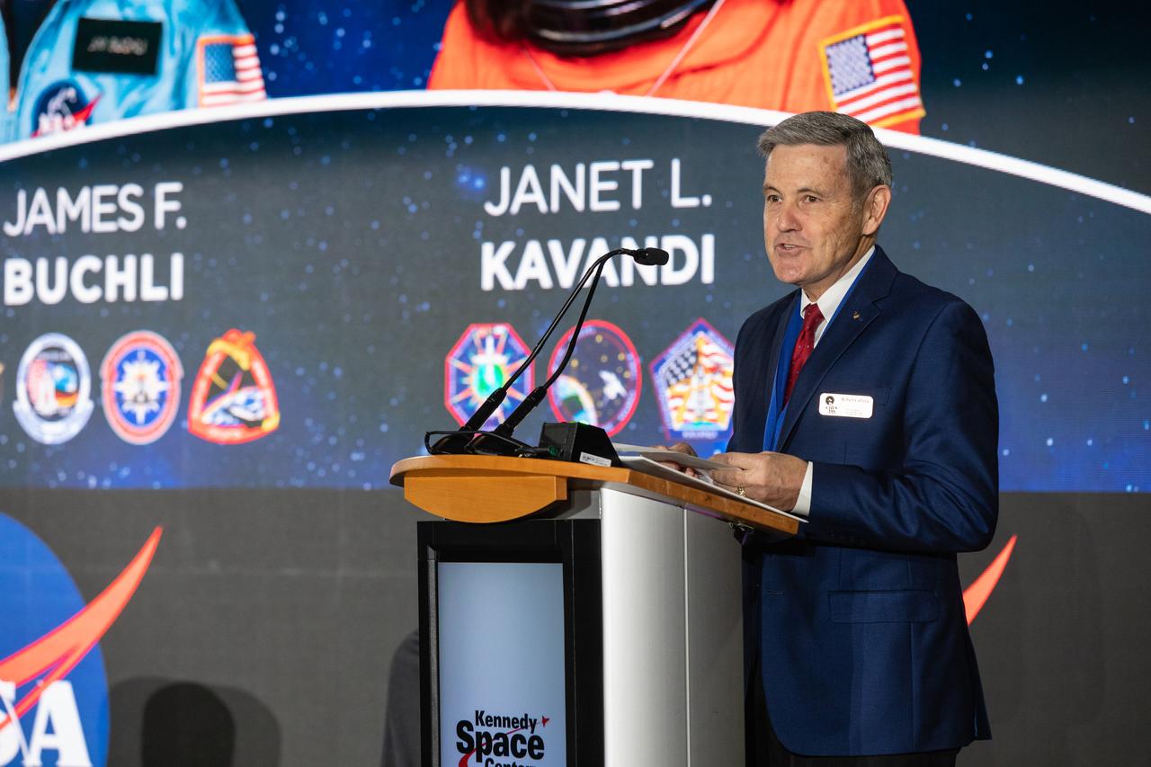 Veteran NASA astronauts James Buchli and Janet Kavandi were inducted into the U.S. Astronaut Hall of Fame in a public ceremony at Kennedy Space Center Visitor Complex in the Space Shuttle Atlantis attraction on April 6, 2019.