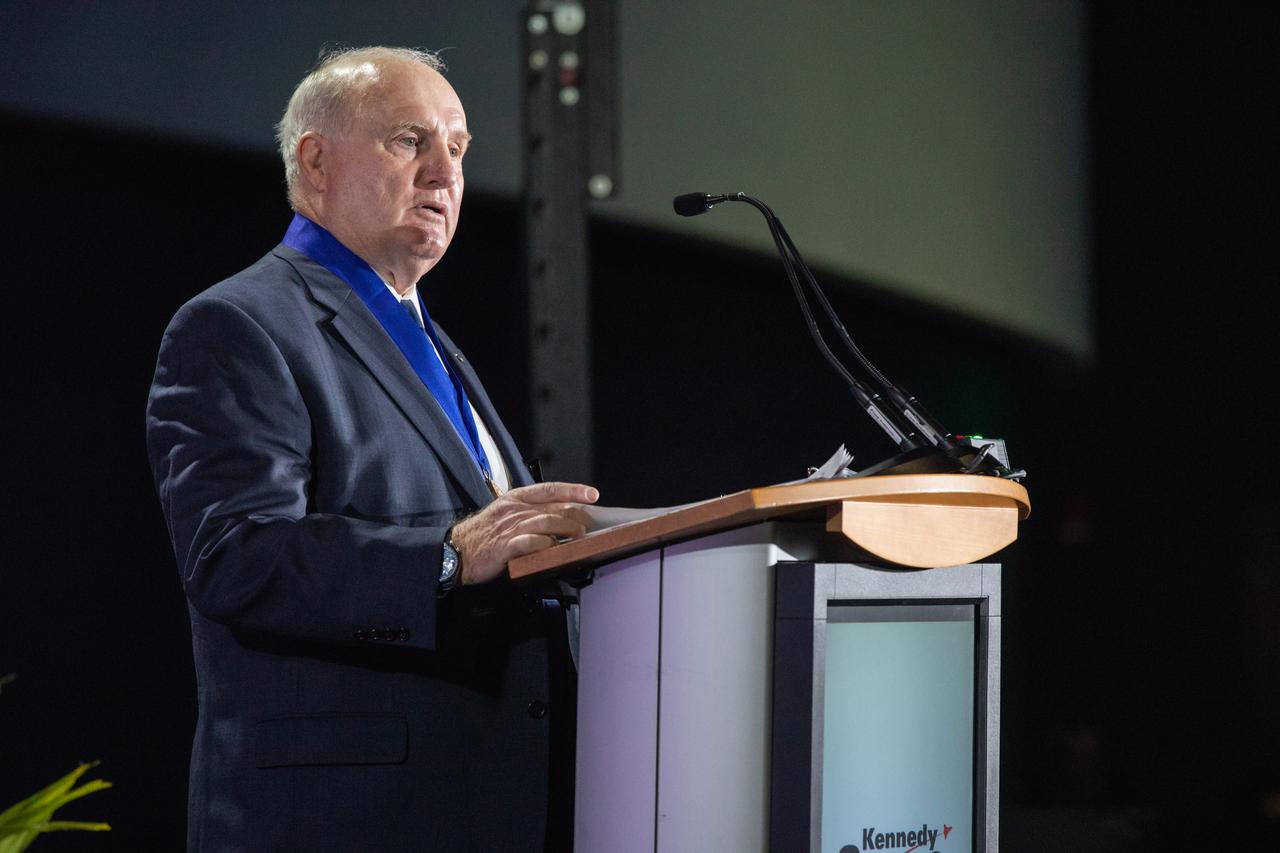 Veteran NASA astronauts James Buchli and Janet Kavandi were inducted into the U.S. Astronaut Hall of Fame in a public ceremony at Kennedy Space Center Visitor Complex in the Space Shuttle Atlantis attraction on April 6, 2019.
