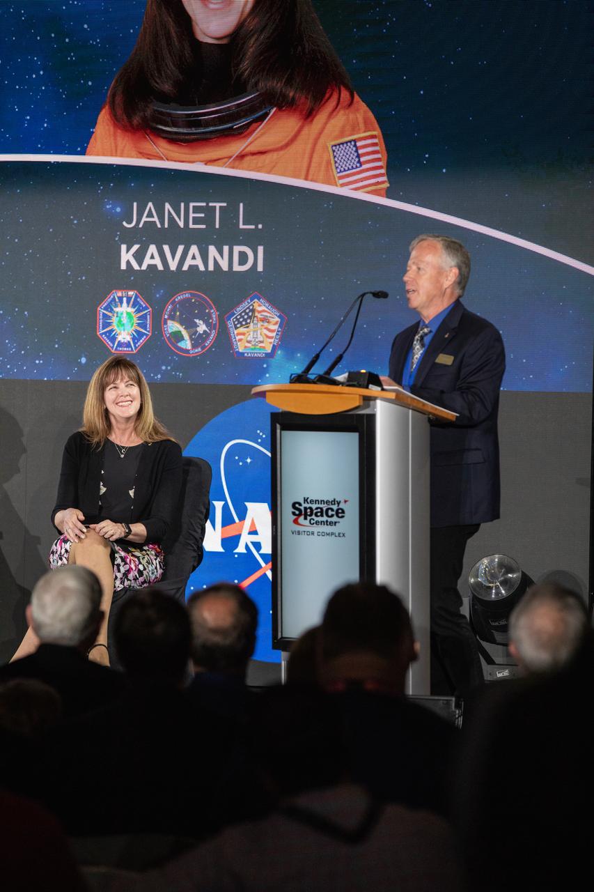 Veteran NASA astronauts James Buchli and Janet Kavandi were inducted into the U.S. Astronaut Hall of Fame in a public ceremony at Kennedy Space Center Visitor Complex in the Space Shuttle Atlantis attraction on April 6, 2019.