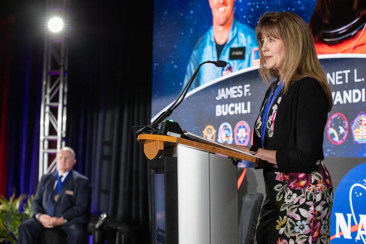 Veteran NASA astronauts James Buchli and Janet Kavandi were inducted into the U.S. Astronaut Hall of Fame in a public ceremony at Kennedy Space Center Visitor Complex in the Space Shuttle Atlantis attraction on April 6, 2019.
