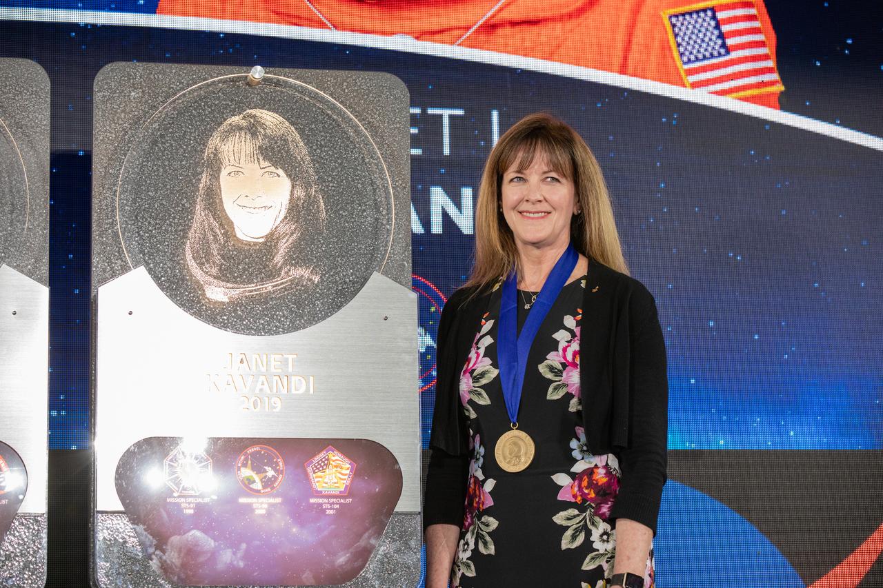 Veteran NASA astronauts James Buchli and Janet Kavandi were inducted into the U.S. Astronaut Hall of Fame in a public ceremony at Kennedy Space Center Visitor Complex in the Space Shuttle Atlantis attraction on April 6, 2019.