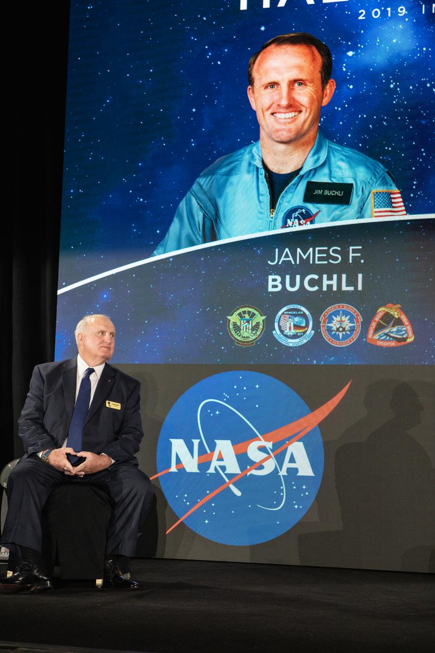 Veteran NASA astronauts James Buchli and Janet Kavandi were inducted into the U.S. Astronaut Hall of Fame in a public ceremony at Kennedy Space Center Visitor Complex in the Space Shuttle Atlantis attraction on April 6, 2019.