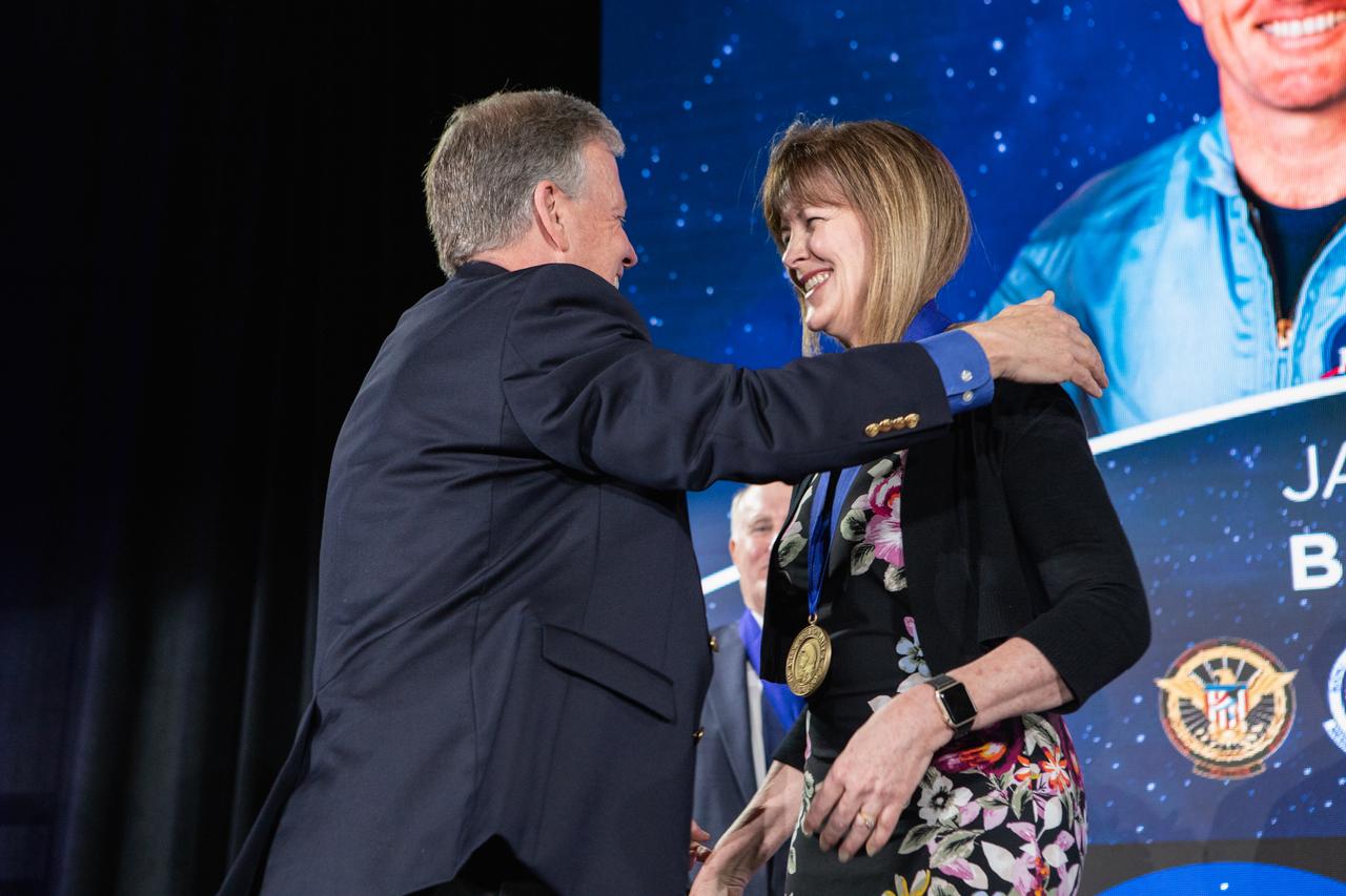 Veteran NASA astronauts James Buchli and Janet Kavandi were inducted into the U.S. Astronaut Hall of Fame in a public ceremony at Kennedy Space Center Visitor Complex in the Space Shuttle Atlantis attraction on April 6, 2019.