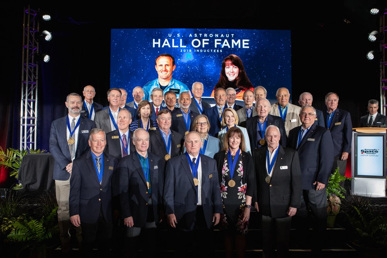 Veteran NASA astronauts James Buchli and Janet Kavandi were inducted into the U.S. Astronaut Hall of Fame in a public ceremony at Kennedy Space Center Visitor Complex in the Space Shuttle Atlantis attraction on April 6, 2019.