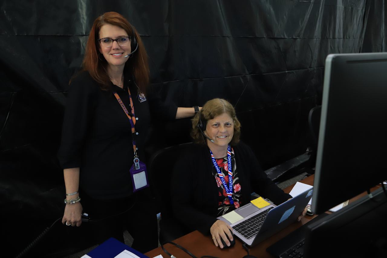 Charlie Blackwell-Thompson, standing, Exploration Mission-1 (EM-1) launch director, leads a countdown demonstration event of cryogenic propellant loading April 12, 2019, inside Firing Room 2 in the Launch Control Center at NASA’s Kennedy Space Center in Florida. Seated is Roberta Wyrick, spacecraft test conductor with contractor Jacobs. The practice simulation involved loading of liquid hydrogen and liquid oxygen into the Space Launch System rocket’s core and upper stages to prepare for EM-1. During the tanking exercise, the team worked through surprise issues in real-time. The practice countdown events are training opportunities coordinated by Blackwell-Thompson with Exploration Ground Systems.