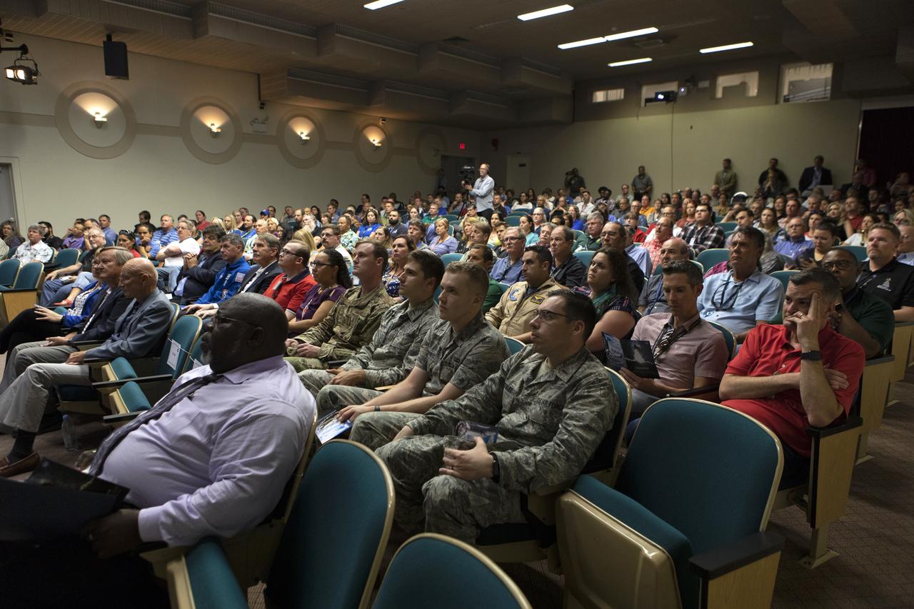 NASA civil service and contractor employees and guests gather in Kennedy Space Center’s Training Auditorium on April 12, 2019, for “Columbia: The Mission Continues,” an event organized by the Apollo Challenger Columbia Lessons Learned Program (ACCLLP). The event is part of the Space Shuttle Columbia national tour and took place on the 38th anniversary of STS-1, the first orbital spaceflight of NASA’s Space Shuttle Program. The tour launched at Kennedy and will make its way to each of the 10 NASA centers.