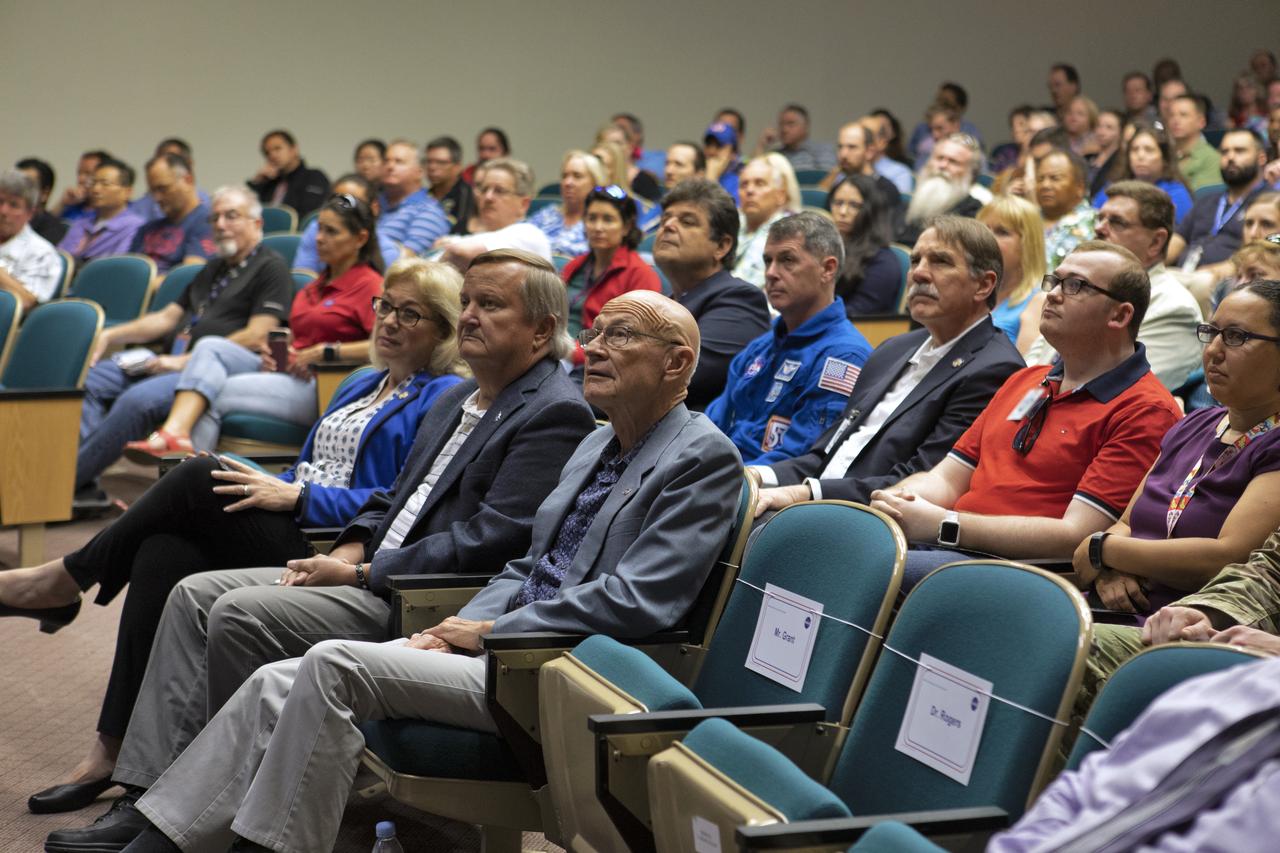 NASA civil service and contractor employees and guests gather in Kennedy Space Center’s Training Auditorium on April 12, 2019, for “Columbia: The Mission Continues,” an event organized by the Apollo Challenger Columbia Lessons Learned Program (ACCLLP). The event is part of the Space Shuttle Columbia national tour and took place on the 38th anniversary of STS-1, the first orbital spaceflight of NASA’s Space Shuttle Program. The tour launched at Kennedy and will make its way to each of the 10 NASA centers.