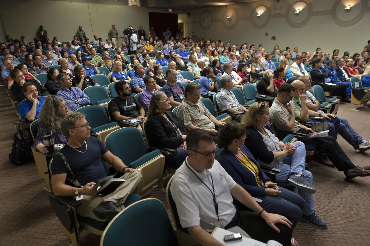NASA civil service and contractor employees and guests gather in Kennedy Space Center’s Training Auditorium on April 12, 2019, for “Columbia: The Mission Continues,” an event organized by the Apollo Challenger Columbia Lessons Learned Program (ACCLLP). The event is part of the Space Shuttle Columbia national tour and took place on the 38th anniversary of STS-1, the first orbital spaceflight of NASA’s Space Shuttle Program. The tour launched at Kennedy and will make its way to each of the 10 NASA centers.