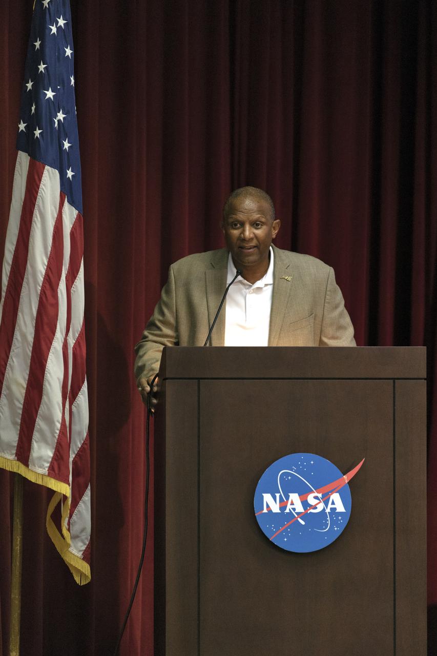Kelvin Manning, Kennedy Space Center associate director, technical, speaks to NASA civil service and contractor employees and guests in the Florida spaceport’s Training Auditorium on April 12, 2019. Manning delivered opening remarks for “Columbia: The Mission Continues,” an event organized by the Apollo Challenger Columbia Lessons Learned Program (ACCLLP). The event is part of the Space Shuttle Columbia national tour and took place on the 38th anniversary of STS-1, the first orbital spaceflight of NASA’s Space Shuttle Program. The tour launched at Kennedy and will make its way to each of the 10 NASA centers.