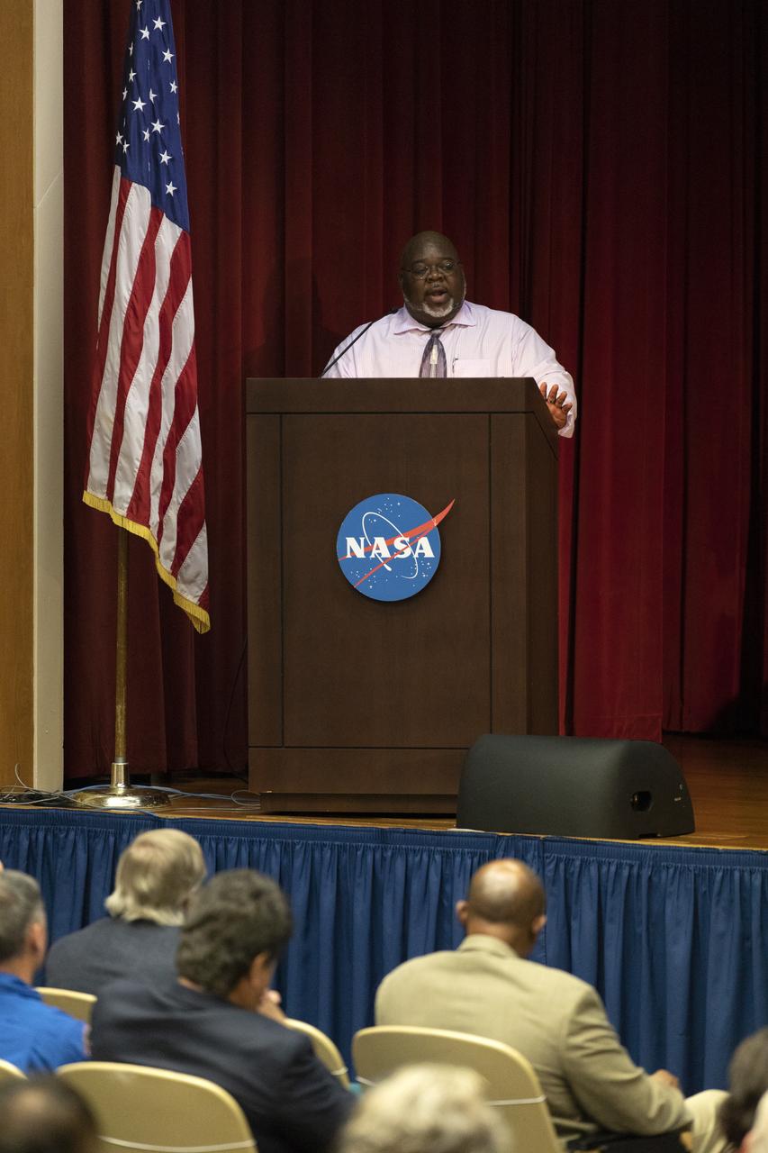 Kennedy Space Center Office of Diversity and Equal Opportunity Manager Rob Grant speaks to NASA civil service and contractor employees and guests in Kennedy Space Center’s Training Auditorium on April 12, 2019. Rogers talked about the power of diversity during “Columbia: The Mission Continues,” an event organized by the Apollo Challenger Columbia Lessons Learned Program (ACCLLP). The event is part of the Space Shuttle Columbia national tour and took place on the 38th anniversary of STS-1, the first orbital spaceflight of NASA’s Space Shuttle Program. The tour launched at Kennedy and will make its way to each of the 10 NASA centers.