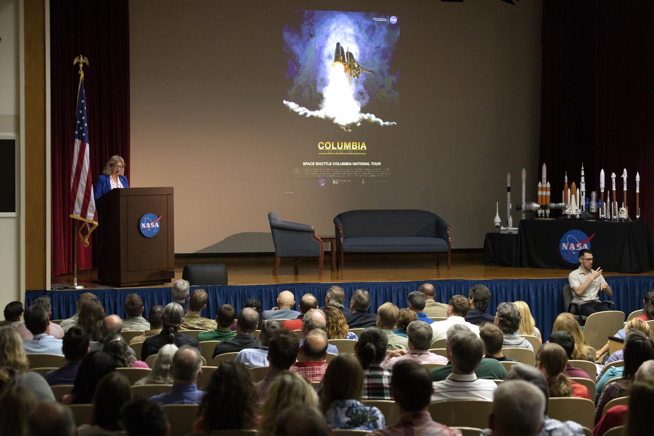 Evelyn Husband Thompson, widow of STS-107 Commander Rick Husband, speaks to NASA civil service and contractor employees and guests in Kennedy Space Center’s Training Auditorium on April 12, 2019. Husband Thompson was one of the presenters for “Columbia: The Mission Continues,” an event organized by the Apollo Challenger Columbia Lessons Learned Program (ACCLLP). The event is part of the Space Shuttle Columbia national tour and took place on the 38th anniversary of STS-1, the first orbital spaceflight of NASA’s Space Shuttle Program. The tour launched at Kennedy and will make its way to each of the 10 NASA centers.