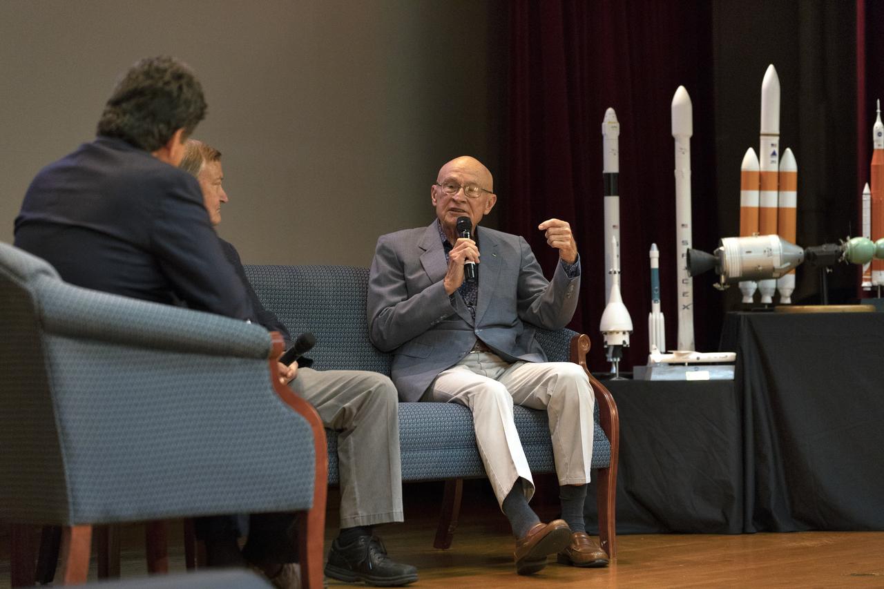 Veteran space reporter John Zarrella, left, moderates a “Lessons of Columbia” discussion with former space shuttle launch directors Mike Leinbach, center, and Bob Sieck in Kennedy Space Center’s Training Auditorium on April 12, 2019. The discussion took place during “Columbia: The Mission Continues,” an event organized by the Apollo Challenger Columbia Lessons Learned Program (ACCLLP). The event is part of the Space Shuttle Columbia national tour and took place on the 38th anniversary of STS-1, the first orbital spaceflight of NASA’s Space Shuttle Program. The tour launched at Kennedy and will make its way to each of the 10 NASA centers.