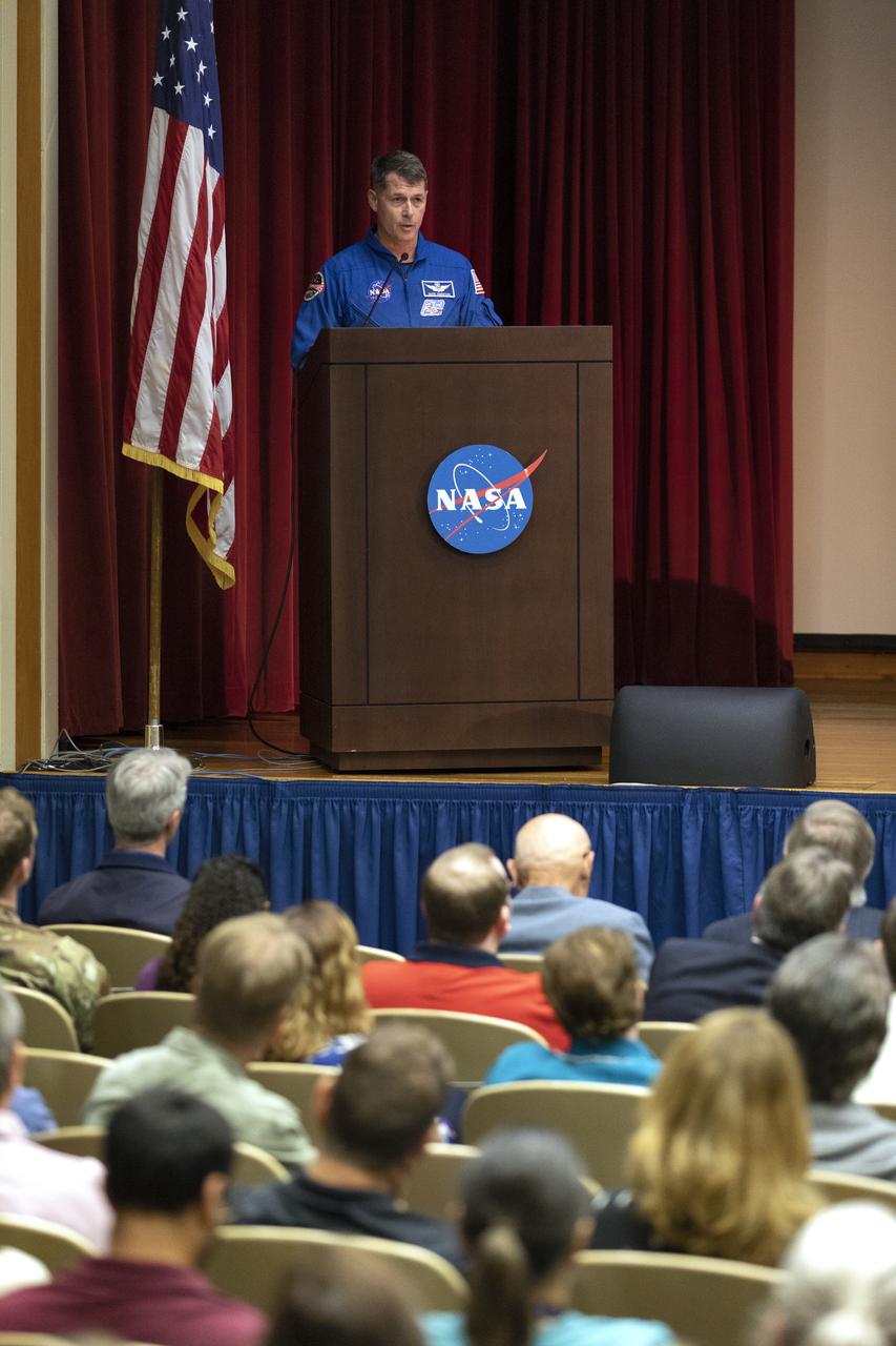 Astronaut Shane Kimbrough speaks to NASA civil service and contractor employees and guests in Kennedy Space Center’s Training Auditorium on April 12, 2019. Kimbrough was the final speaker for “Columbia: The Mission Continues,” an event organized by the Apollo Challenger Columbia Lessons Learned Program (ACCLLP). The event is part of the Space Shuttle Columbia national tour and took place on the 38th anniversary of STS-1, the first orbital spaceflight of NASA’s Space Shuttle Program. The tour launched at Kennedy and will make its way to each of the 10 NASA centers.