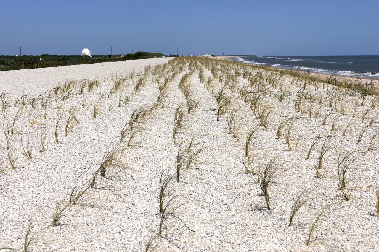 Restoration efforts are underway to the dunes at the north beaches at NASA’s Kennedy Space Center in Florida in this view on April 15, 2019. About 450,000 cubic yards of beach-quality sand, tested for compatibility, was transported to the space center’s beaches. After the dune was built up, native coastal vegetation was replanted, helping to stabilize the dune and offer a habitat for Kennedy’s coast wildlife. Dunes are affected by beach erosion and storm surge from tropical events, such as hurricanes. Restoration began in spring 2018 and was targeted to be completed by April 2019.