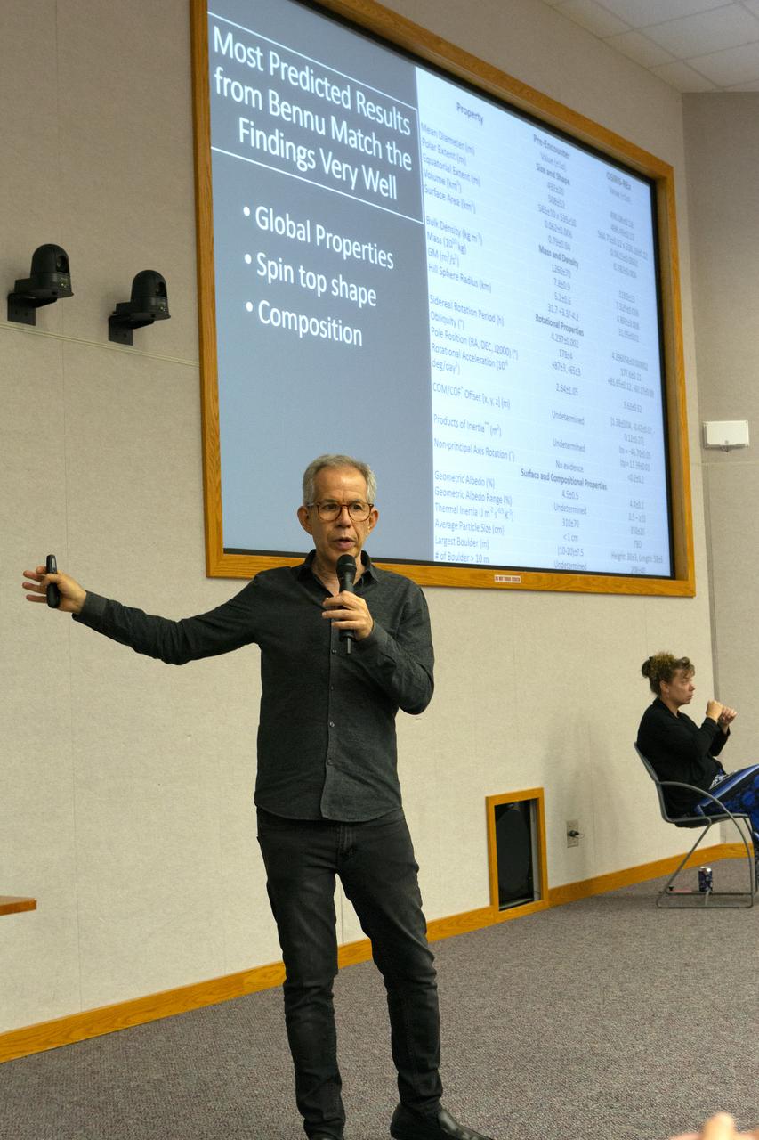 Dr. Humberto Campins from the University of Central Florida speaks to Kennedy Space Center employees in the Florida spaceport’s Neil Armstrong O&C Mission Briefing Room on April 16, 2019, to give a status update on NASA’s Origins, Spectral Interpretation, Resource Identification, Security-Regolith Explorer (OSIRIS-REx). The first U.S. mission to sample an asteroid, OSIRIS-REx launched from Cape Canaveral Air Force Station on Sept. 8, 2016 aboard a United Launch Alliance Atlas V rocket. Management of the launch service for OSIRIS-REx was the responsibility of NASA’s Launch Services Program, based at Kennedy.