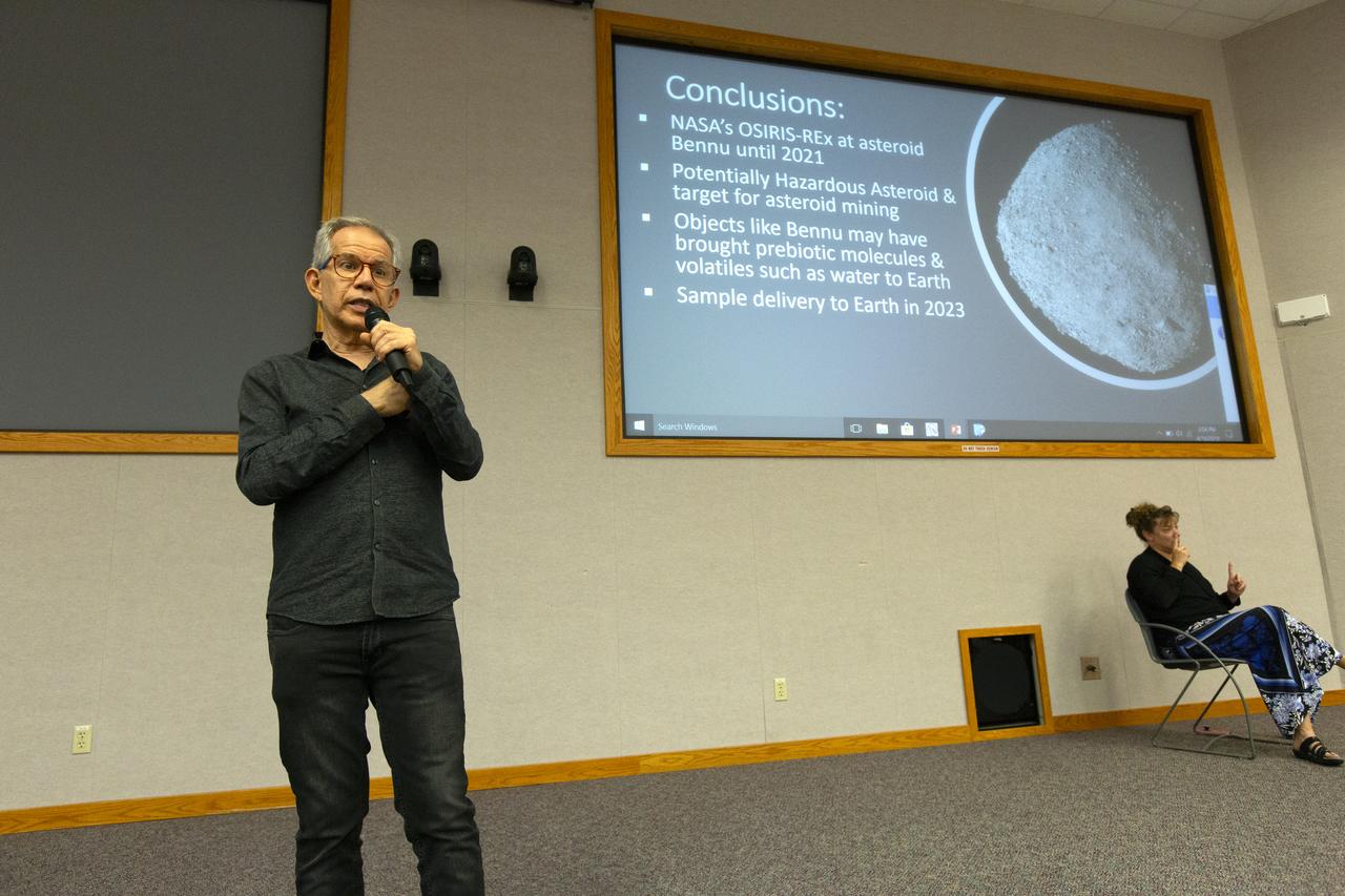Dr. Humberto Campins from the University of Central Florida speaks to Kennedy Space Center employees in the Florida spaceport’s Neil Armstrong O&C Mission Briefing Room on April 16, 2019, to give a status update on NASA’s Origins, Spectral Interpretation, Resource Identification, Security-Regolith Explorer (OSIRIS-REx). The first U.S. mission to sample an asteroid, OSIRIS-REx launched from Cape Canaveral Air Force Station on Sept. 8, 2016 aboard a United Launch Alliance Atlas V rocket. Management of the launch service for OSIRIS-REx was the responsibility of NASA’s Launch Services Program, based at Kennedy.