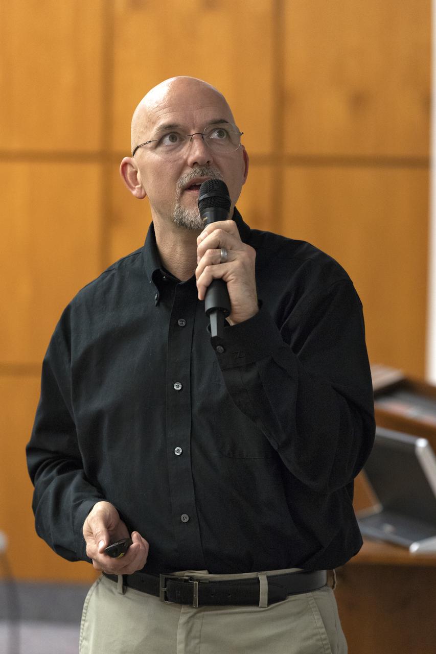 Dane Drefke, United Launch Alliance (ULA) lead engineer for Atlas V mechanical operations, speaks in Kennedy Space Center’s Neil Armstrong O&C Mission Briefing Room on April 16, 2019, during an employee event in which Dr. Humberto Campins from the University of Central Florida gave a status update on NASA’s Origins, Spectral Interpretation, Resource Identification, Security-Regolith Explorer (OSIRIS-REx). The first U.S. mission to sample an asteroid, OSIRIS-REx launched from Cape Canaveral Air Force Station on Sept. 8, 2016 aboard a United Launch Alliance Atlas V rocket. Management of the launch service for OSIRIS-REx was the responsibility of NASA’s Launch Services Program, based at Kennedy.