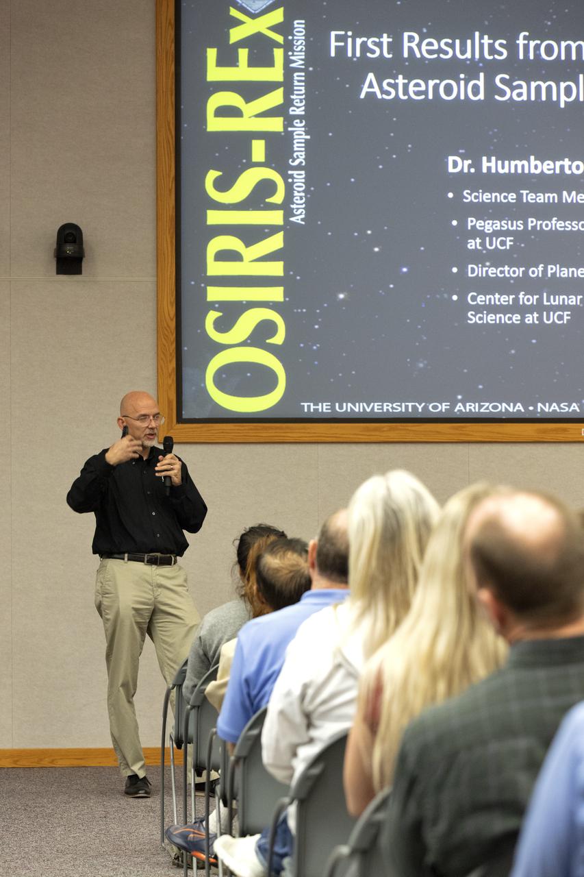 Dane Drefke, United Launch Alliance (ULA) lead engineer for Atlas V mechanical operations, speaks in Kennedy Space Center’s Neil Armstrong O&C Mission Briefing Room on April 16, 2019, during an employee event in which Dr. Humberto Campins from the University of Central Florida gave a status update on NASA’s Origins, Spectral Interpretation, Resource Identification, Security-Regolith Explorer (OSIRIS-REx). The first U.S. mission to sample an asteroid, OSIRIS-REx launched from Cape Canaveral Air Force Station on Sept. 8, 2016 aboard a United Launch Alliance Atlas V rocket. Management of the launch service for OSIRIS-REx was the responsibility of NASA’s Launch Services Program, based at Kennedy.