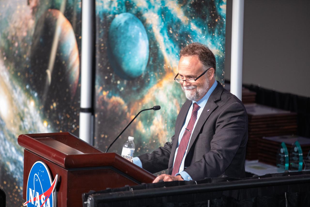 Shawn Quinn, director of Engineering at Kennedy Space Center, addresses attendees during the 2019 KSC Honor Awards Ceremony on April 18, 2019. Held inside the IMAX Theater at the Florida spaceport’s visitor complex, the ceremony honored both civil servants and contractors for their contributions to NASA and Kennedy. 