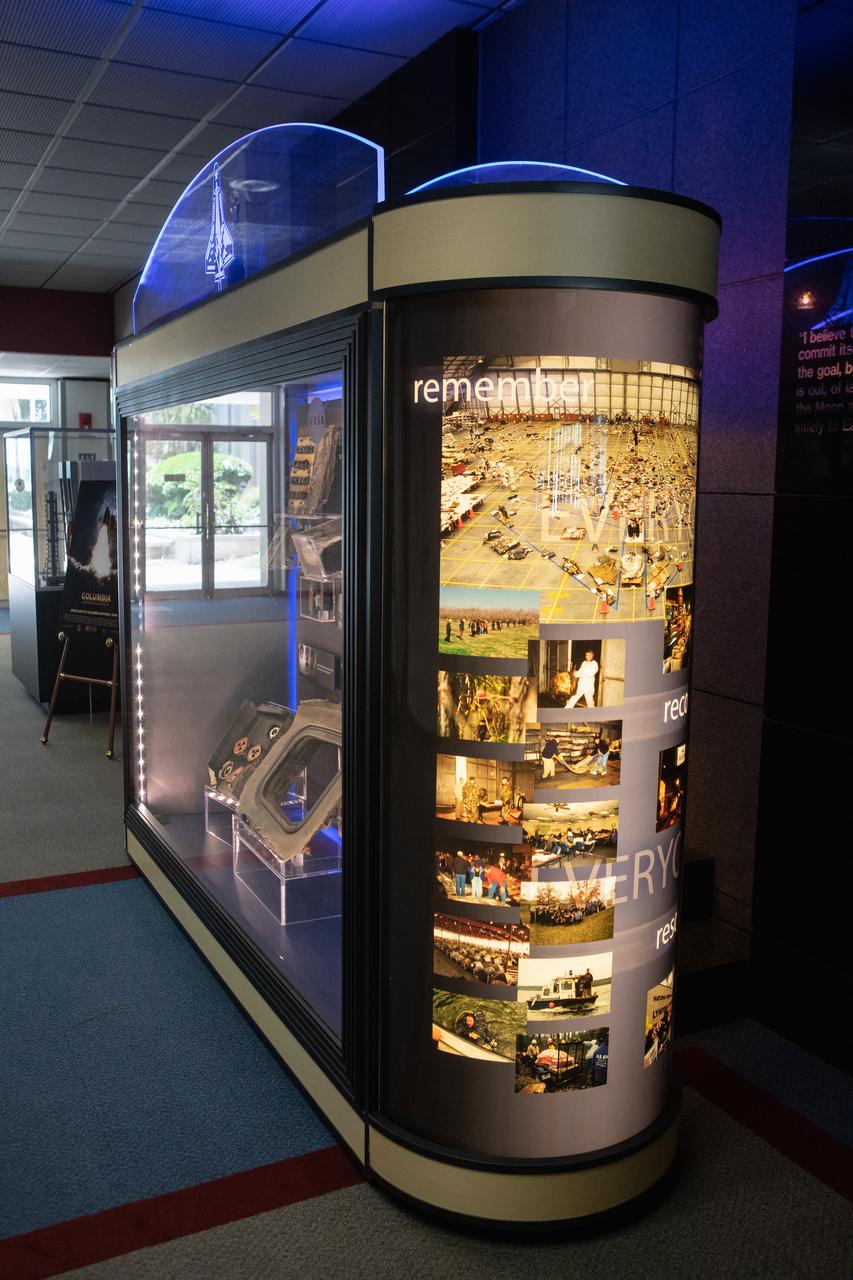 A display of artifacts featuring nine items recovered from the STS-107 tragedy that occurred Feb. 1, 2003, is shown in the old Headquarters Building at Kennedy Space Center. The powerful exhibit can now be viewed in the lobby of the Florida spaceport’s new Central Campus Building until June 10. The exhibit is part of the space shuttle Columbia national tour, which will make its way to all 10 NASA centers throughout the country.