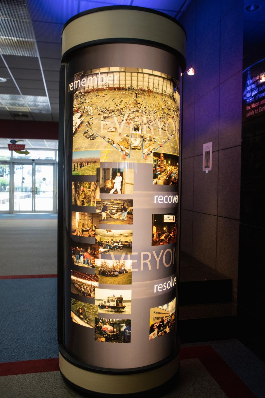A display of artifacts featuring nine items recovered from the STS-107 tragedy that occurred Feb. 1, 2003, is shown in the old Headquarters Building at Kennedy Space Center. The powerful exhibit can now be viewed in the lobby of the Florida spaceport’s new Central Campus Building until June 10. The exhibit is part of the space shuttle Columbia national tour, which will make its way to all 10 NASA centers throughout the country.