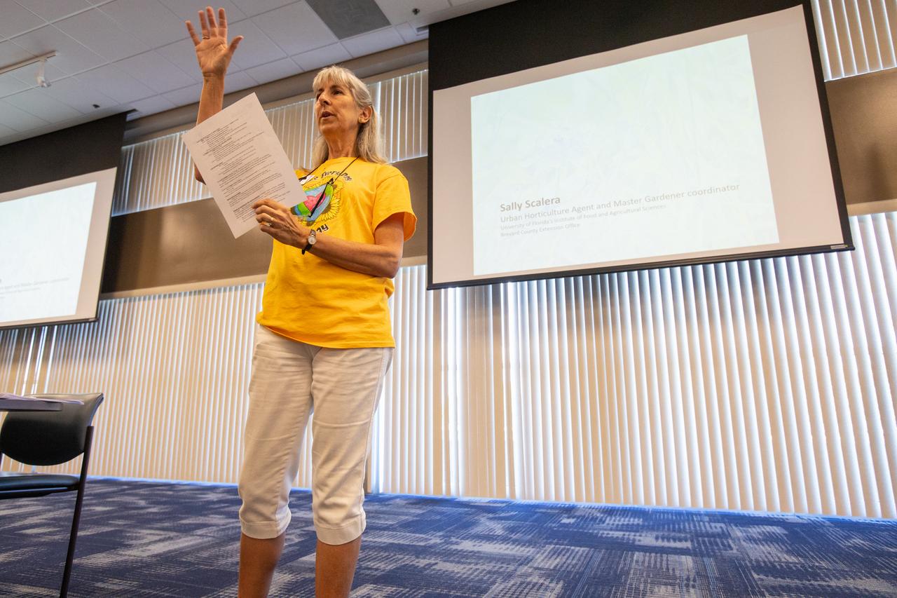 Sally Scalera, urban horticulture agent and master gardener coordinator from the University of Florida’s Institute of Food and Agricultural Sciences Brevard Extension Office, presents some sustainable tips and tricks for a healthy yard and garden to Kennedy Space Center employees on April 24, 2019. Held inside the Florida spaceport’s Space Station Processing Facility Conference Center, Scalera also provided information on Florida-friendly landscaping practices. The lunch and learn was available for employees to attend as part of Kennedy’s Earth Day events.