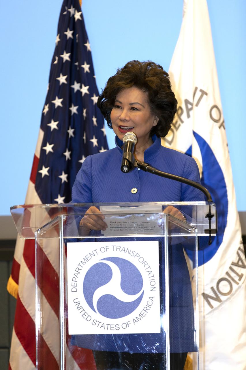 Secretary Elaine L. Chao, of the U.S. Department of Transportation (DOT), visits NASA’s Kennedy Space Center in Florida on April 24, 2019. She spoke to Kennedy’s leadership in the Operations and Support Building II and discussed the DOT’s role in enabling commercial space.
