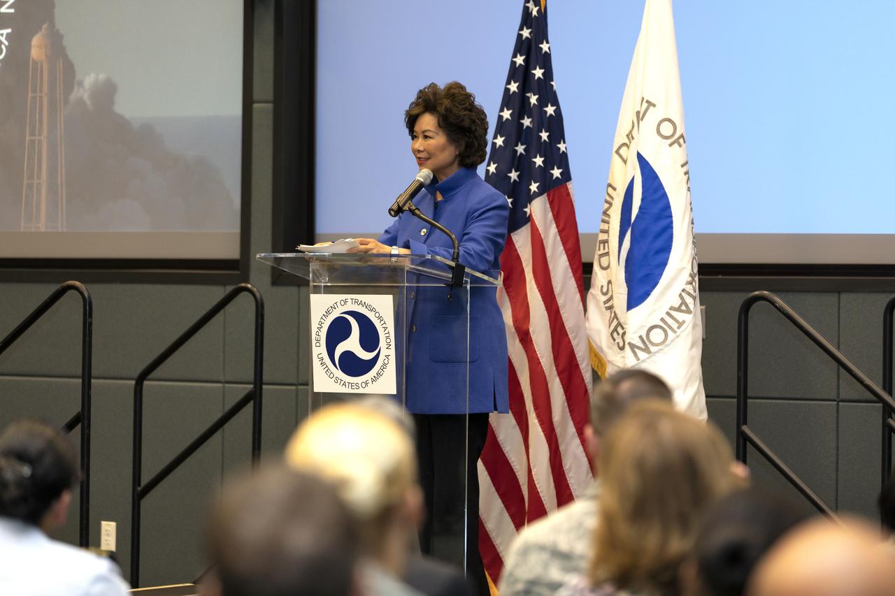Secretary Elaine L. Chao, of the U.S. Department of Transportation (DOT), visits NASA’s Kennedy Space Center in Florida on April 24, 2019. She spoke to Kennedy’s leadership in the Operations and Support Building II and discussed the DOT’s role in enabling commercial space.
