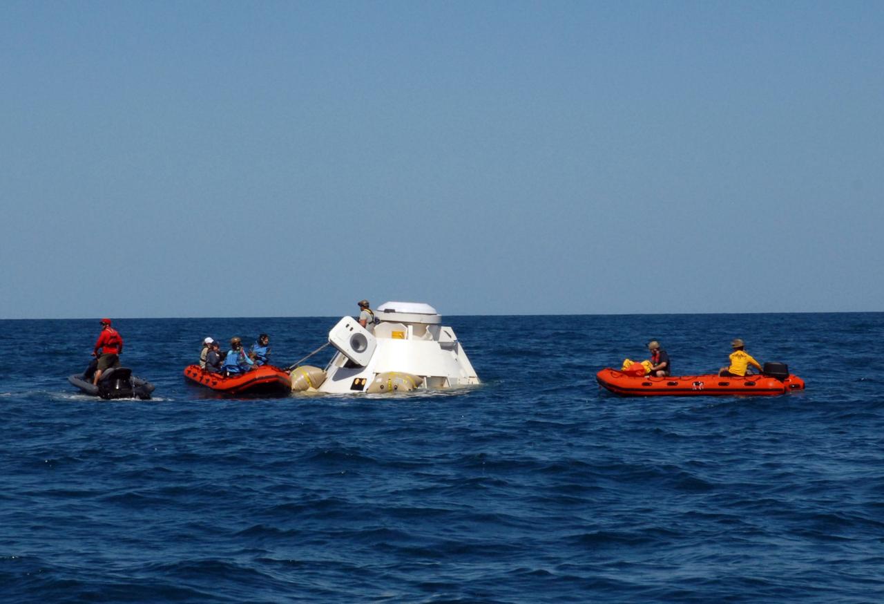 NASA astronauts Suni Williams and Barry “Butch” Wilmore rehearse the steps they would take to exit Boeing’s CST-100 Starliner spacecraft without assistance in the unlikely event of an emergency resulting in a splashdown. The training exercise, which occurred April 27, 2019, took place several miles off the coast of Cape Canaveral near NASA’s Kennedy Space Center in Florida. It included the astronauts unloading a rescue raft from inside the spacecraft, climbing out through a hatch at the top of the spacecraft, jumping into the Atlantic Ocean and boarding the raft. This open-ocean exercise provides the astronauts with the necessary training ahead of Boeing’s Crew Flight Test and subsequent missions. During normal return scenarios, Boeing’s Starliner will land in a safe zone of about 15 square miles in the Western United States. Throughout the commercial crew development phases with NASA, Boeing has performed dozens of qualification tests on its parachute and airbag systems simulating conditions on land and in the water.