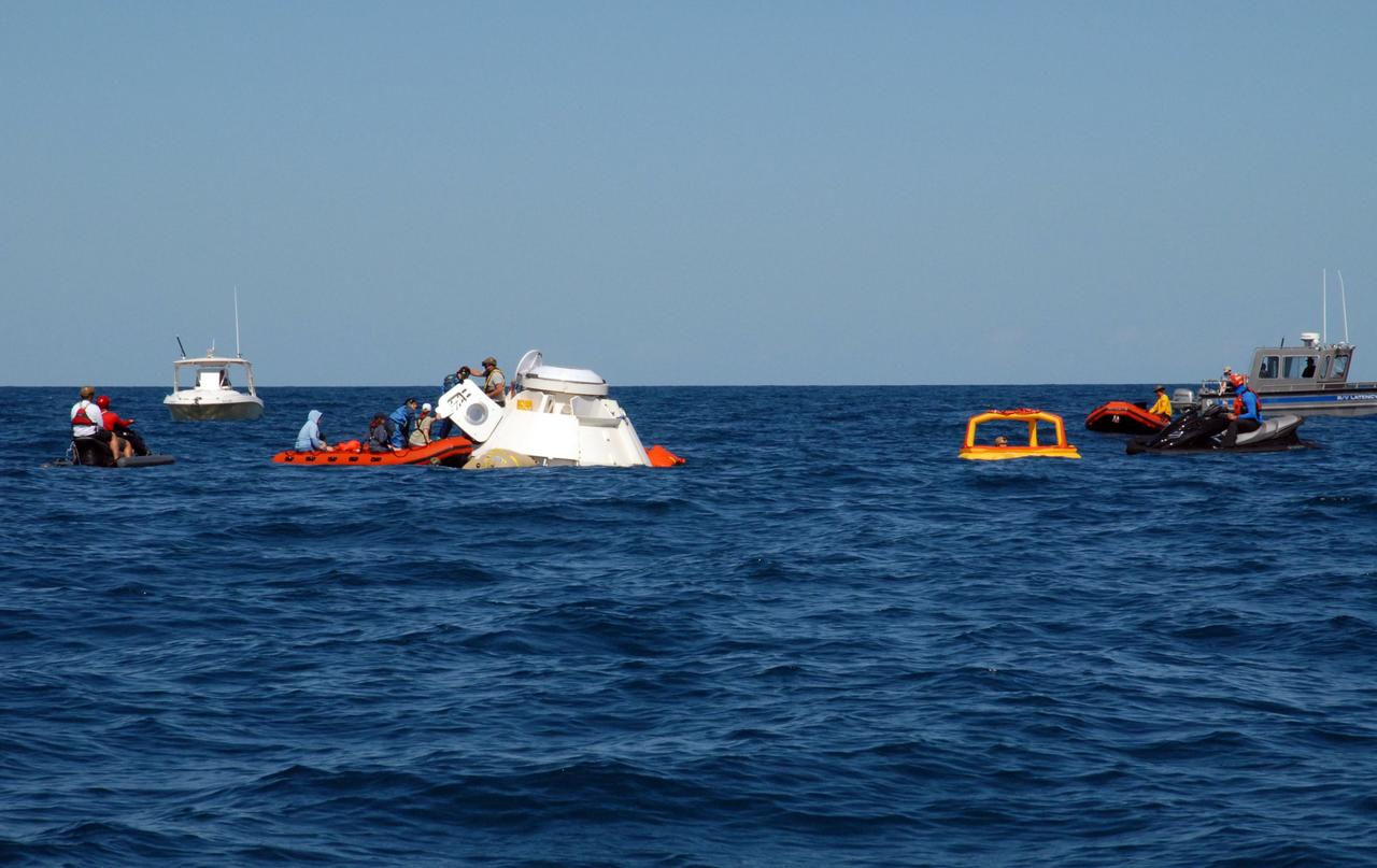 NASA astronauts Suni Williams and Barry “Butch” Wilmore rehearse the steps they would take to exit Boeing’s CST-100 Starliner spacecraft without assistance in the unlikely event of an emergency resulting in a splashdown. The training exercise, which occurred April 27, 2019, took place several miles off the coast of Cape Canaveral near NASA’s Kennedy Space Center in Florida. It included the astronauts unloading a rescue raft from inside the spacecraft, climbing out through a hatch at the top of the spacecraft, jumping into the Atlantic Ocean and boarding the raft. This open-ocean exercise provides the astronauts with the necessary training ahead of Boeing’s Crew Flight Test and subsequent missions. During normal return scenarios, Boeing’s Starliner will land in a safe zone of about 15 square miles in the Western United States. Throughout the commercial crew development phases with NASA, Boeing has performed dozens of qualification tests on its parachute and airbag systems simulating conditions on land and in the water. 