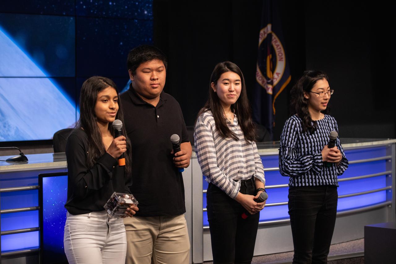 From left, high school student Aarthi Vijayakumar, MIT student David Li, and high school students Michelle Sung and Rebecca Li talk about their winning Genes in Space experiment for NASA during a What’s On Board science briefing to NASA Social participants at the agency’s Kennedy Space Center in Florida on April 29, 2019. The briefing was held for SpaceX’s 17th Commercial Resupply Services (CRS-17) mission to the International Space Station. NASA’s Orbiting Carbon Observatory-3 (OCO-3) and Space Test Program-Houston 6 (STP-H6) are two of the experiments that also will be delivered to the space station on CRS-17. The SpaceX Falcon 9 rocket and Dragon cargo module are scheduled to launch no earlier than May 3, 2019, from Space Launch Complex 40 on Cape Canaveral Air Force Station in Florida.