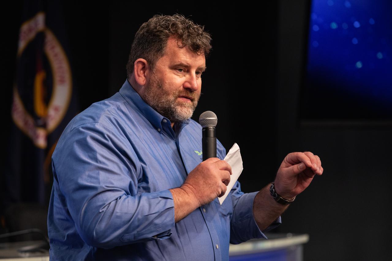 Mike Roberts, deputy chief scientist for the ISS Program at NASA’s Johnson Space Center in Houston, talks to NASA Social participants during a What’s On Board science briefing at the agency’s Kennedy Space Center in Florida on April 29, 2019. The briefing was held for SpaceX’s 17th Commercial Resupply Services (CRS-17) mission to the International Space Station. NASA’s Orbiting Carbon Observatory-3 (OCO-3) and Space Test Program-Houston 6 (STP-H6) are two of the experiments that will be delivered to the space station on CRS-17. The SpaceX Falcon 9 rocket and Dragon cargo module are scheduled to launch no earlier than May 3, 2019, from Space Launch Complex 40 on Cape Canaveral Air Force Station in Florida.