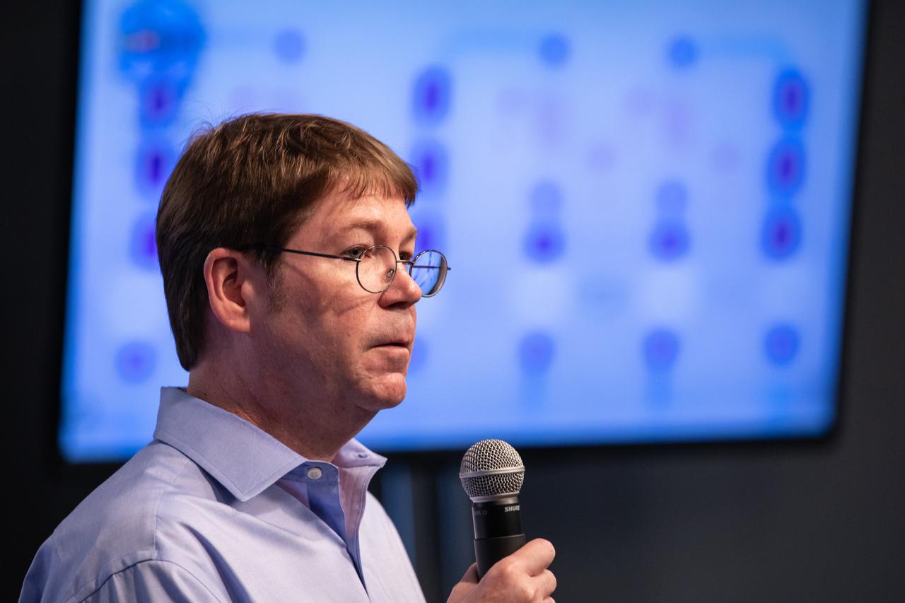 Dr. Edward Kelly, with the University of Washington School of Pharmacy, discusses The Tissue Chips in Space project during a What’s On Board science briefing to NASA Social participants at the agency’s Kennedy Space Center in Florida on April 29, 2019. The briefing was held for SpaceX’s 17th Commercial Resupply Services (CRS-17) mission to the International Space Station. Kelly and other researchers will send kidney tissue chip models to the space station to understand how microgravity affects kidney function, such as changes in vitamin D metabolism and formation of kidney stones. NASA’s Orbiting Carbon Observatory-3 (OCO-3) and Space Test Program-Houston 6 (STP-H6) are two of the experiments that also will be delivered to the space station on CRS-17. The SpaceX Falcon 9 rocket and Dragon cargo module are scheduled to launch no earlier than May 3, 2019, from Space Launch Complex 40 on Cape Canaveral Air Force Station in Florida. 