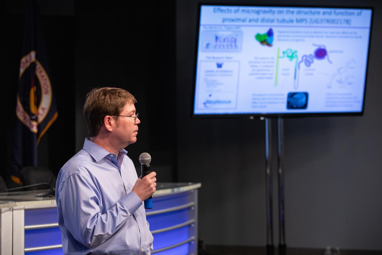 Dr. Edward Kelly, with the University of Washington School of Pharmacy, discusses The Tissue Chips in Space project during a What’s On Board science briefing to NASA Social participants at the agency’s Kennedy Space Center in Florida on April 29, 2019. The briefing was held for SpaceX’s 17th Commercial Resupply Services (CRS-17) mission to the International Space Station. Kelly and other researchers will send kidney tissue chip models to the space station to understand how microgravity affects kidney function, such as changes in vitamin D metabolism and formation of kidney stones. NASA’s Orbiting Carbon Observatory-3 (OCO-3) and Space Test Program-Houston 6 (STP-H6) are two of the experiments that also will be delivered to the space station on CRS-17. The SpaceX Falcon 9 rocket and Dragon cargo module are scheduled to launch no earlier than May 3, 2019, from Space Launch Complex 40 on Cape Canaveral Air Force Station in Florida. 