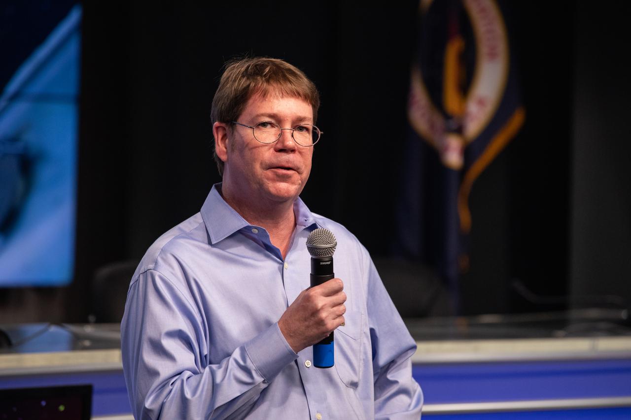 Dr. Edward Kelly, with the University of Washington School of Pharmacy, discusses The Tissue Chips in Space project during a What’s On Board science briefing to NASA Social participants at the agency’s Kennedy Space Center in Florida on April 29, 2019. The briefing was held for SpaceX’s 17th Commercial Resupply Services (CRS-17) mission to the International Space Station. Kelly and other researchers will send kidney tissue chip models to the space station to understand how microgravity affects kidney function, such as changes in vitamin D metabolism and formation of kidney stones. NASA’s Orbiting Carbon Observatory-3 (OCO-3) and Space Test Program-Houston 6 (STP-H6) are two of the experiments that also will be delivered to the space station on CRS-17. The SpaceX Falcon 9 rocket and Dragon cargo module are scheduled to launch no earlier than May 3, 2019, from Space Launch Complex 40 on Cape Canaveral Air Force Station in Florida. 