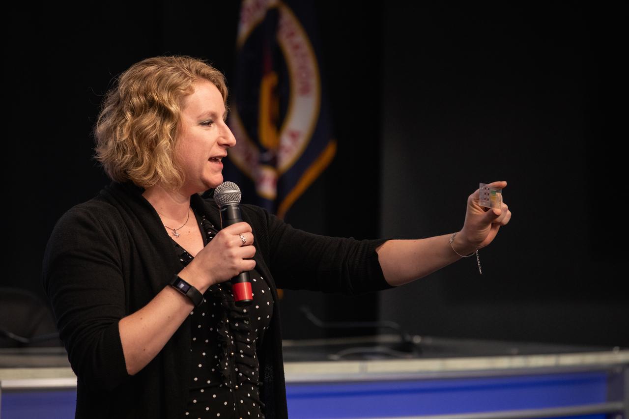 Dr. Lucy Low, with the National Institutes of Health, talks to NASA Social participants during a What’s On Board science briefing at NASA’s Kennedy Space Center in Florida on April 29, 2019. The briefing was held for SpaceX’s 17th Commercial Resupply Services (CRS-17) mission to the International Space Station. Low presented on the Tissue Chips in Space project that will test the ability of tissue chip technology to mimic how human organs work and reveal what effects microgravity has on tissue function. Headed to the space station will be lung and bone marrow chips, kidney chips, chips modeling the blood-brain barrier, and bone and cartilage chips. NASA’s Orbiting Carbon Observatory-3 (OCO-3) and Space Test Program-Houston 6 (STP-H6) are two of the experiments that also will be delivered to the space station on CRS-17. The SpaceX Falcon 9 rocket and Dragon cargo module are scheduled to launch no earlier than May 3, 2019, from Space Launch Complex 40 on Cape Canaveral Air Force Station in Florida.