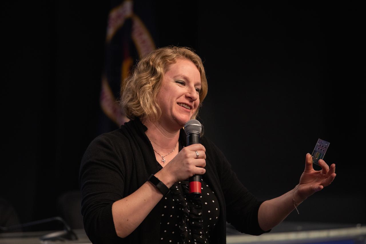 Dr. Lucy Low, with the National Institutes of Health, talks to NASA Social participants during a What’s On Board science briefing at NASA’s Kennedy Space Center in Florida on April 29, 2019. The briefing was held for SpaceX’s 17th Commercial Resupply Services (CRS-17) mission to the International Space Station. Low presented on the Tissue Chips in Space project that will test the ability of tissue chip technology to mimic how human organs work and reveal what effects microgravity has on tissue function. Headed to the space station will be lung and bone marrow chips, kidney chips, chips modeling the blood-brain barrier, and bone and cartilage chips. NASA’s Orbiting Carbon Observatory-3 (OCO-3) and Space Test Program-Houston 6 (STP-H6) are two of the experiments that also will be delivered to the space station on CRS-17. The SpaceX Falcon 9 rocket and Dragon cargo module are scheduled to launch no earlier than May 3, 2019, from Space Launch Complex 40 on Cape Canaveral Air Force Station in Florida.