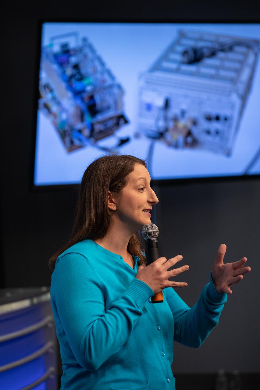 Dr. Kristen John, principal investigator for Hermes at NASA’s Johnson Space Center in Houston, talks to NASA Social participants during a What’s On Board science briefing at the agency’s Kennedy Space Center in Florida on April 29, 2019. The briefing was held for SpaceX’s 17th Commercial Resupply Services (CRS-17) mission to the International Space Station. John presented on the Hermes Facility, an experimental microgravity facility that enables science experiments, microgravity exposure testing, testing of engineering components and CubeSats and any payloads that can fit in the Hermes design and operations constraints. NASA’s Orbiting Carbon Observatory-3 (OCO-3) and Space Test Program-Houston 6 (STP-H6) are two of the experiments that also will be delivered to the space station on CRS-17. The SpaceX Falcon 9 rocket and Dragon cargo module are scheduled to launch no earlier than May 3, 2019, from Space Launch Complex 40 on Cape Canaveral Air Force Station in Florida.