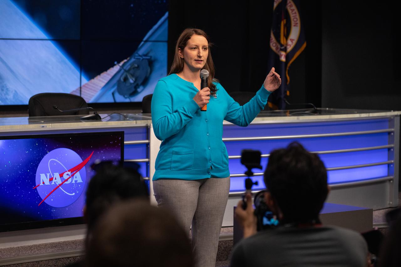 Dr. Kristen John, principal investigator for Hermes at NASA’s Johnson Space Center in Houston, talks to NASA Social participants during a What’s On Board science briefing at the agency’s Kennedy Space Center in Florida on April 29, 2019. The briefing was held for SpaceX’s 17th Commercial Resupply Services (CRS-17) mission to the International Space Station. John presented on the Hermes Facility, an experimental microgravity facility that enables science experiments, microgravity exposure testing, testing of engineering components and CubeSats and any payloads that can fit in the Hermes design and operations constraints. NASA’s Orbiting Carbon Observatory-3 (OCO-3) and Space Test Program-Houston 6 (STP-H6) are two of the experiments that also will be delivered to the space station on CRS-17. The SpaceX Falcon 9 rocket and Dragon cargo module are scheduled to launch no earlier than May 3, 2019, from Space Launch Complex 40 on Cape Canaveral Air Force Station in Florida.